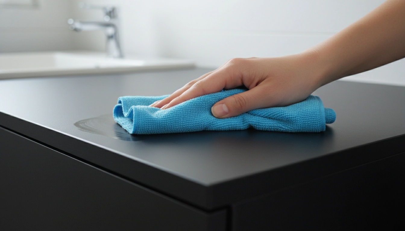 A person using a soft microfiber cloth to clean a matte black bathroom vanity.