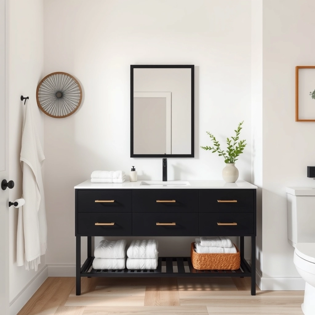 A balanced bathroom design featuring a black vanity, light walls, and warm accents.