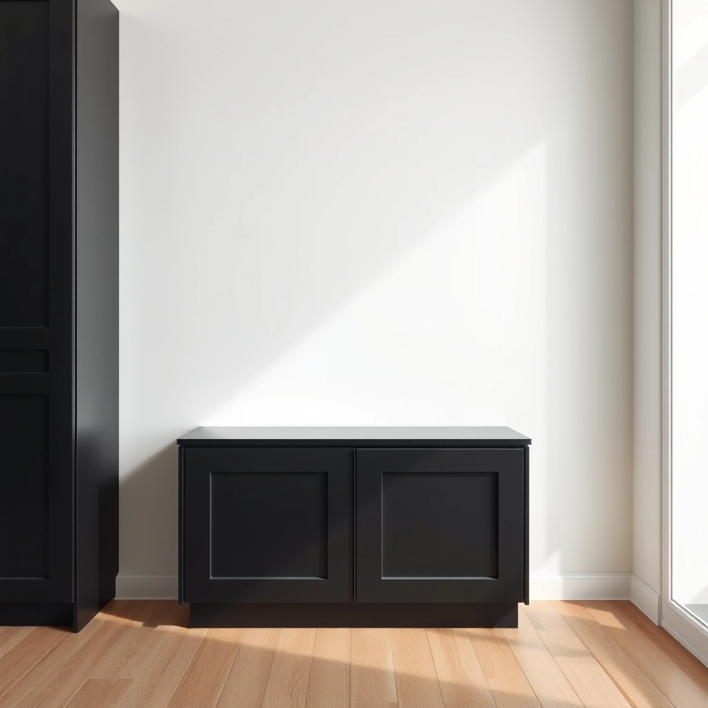 A wall-mounted black cabinet positioned high on a wall to keep the bathroom floor clear.