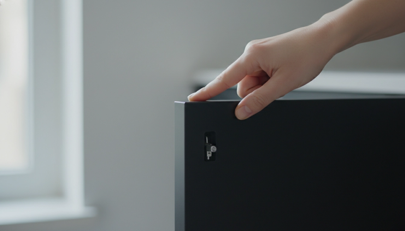 A hand pressing the corner of a handle-less black bathroom wall cabinet to trigger the push-to-open mechanism.