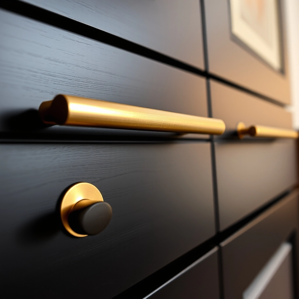Brushed gold handles mounted on a matte black bathroom wall cabinet for a luxury contrast.