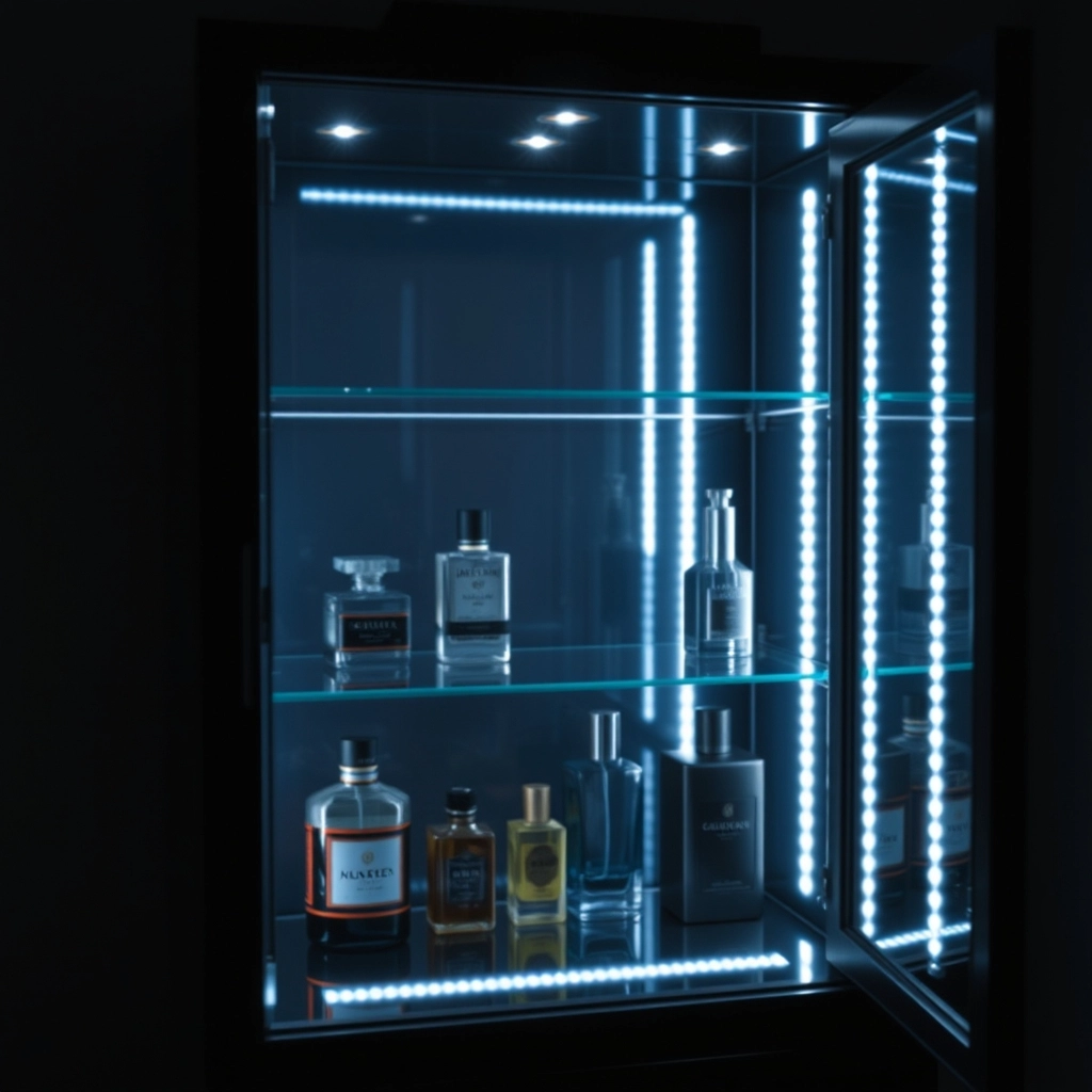 Interior of a black bathroom wall cabinet featuring glass shelves and integrated LED strip lighting.