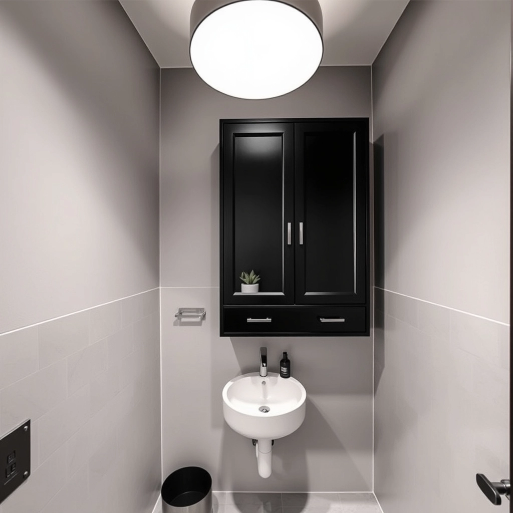 A compact floating black bathroom wall cabinet mounted on a light grey tiled wall in a small powder room.