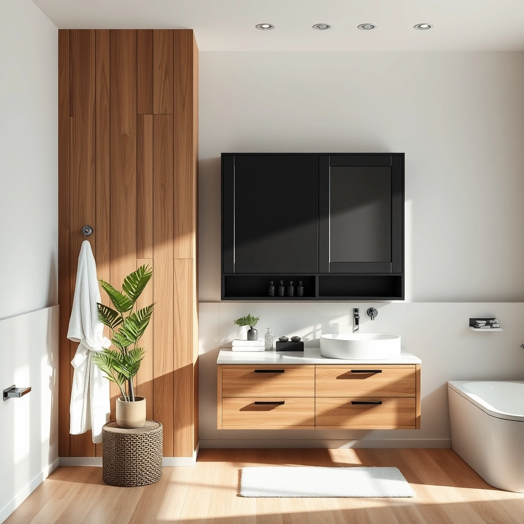 A balanced bathroom design featuring black bathroom wall cabinets, natural wood accents, and soft lighting.
