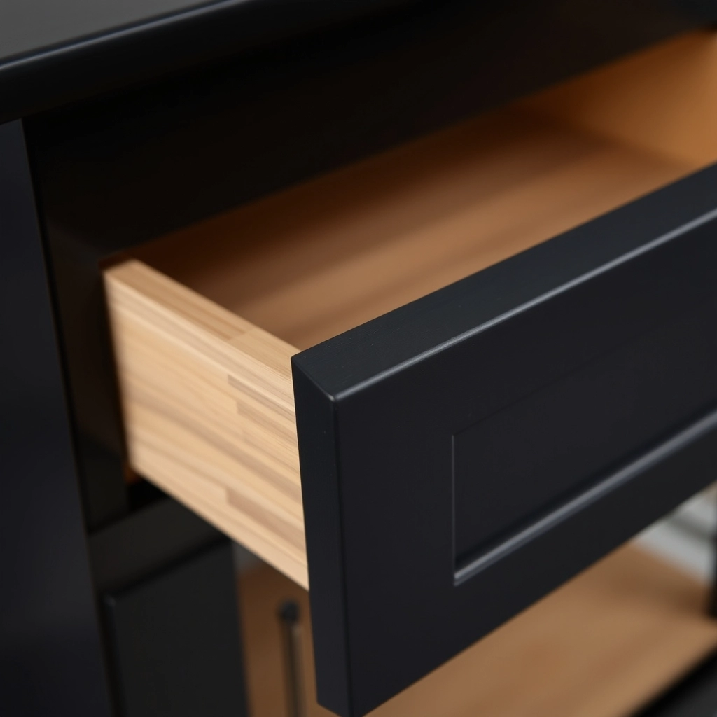 Close-up of a high-quality matte black vanity cabinet showing the smooth finish and solid construction.