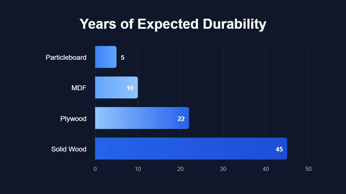 A bar chart titled "Years of Expected Durability" showing data for Particleboard, MDF, Plywood, Solid Wood.
