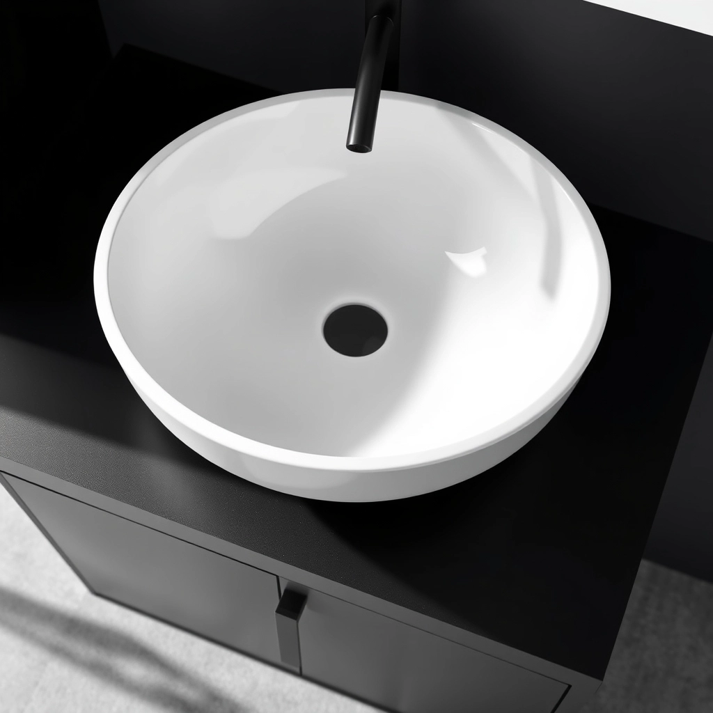 A round white vitreous china vessel sink sitting on top of a matte black vanity with sink base.