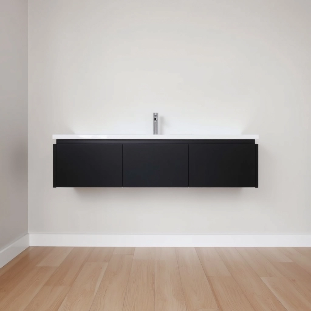 A wall-mounted floating black vanity with sink featuring a seamless integrated resin top.