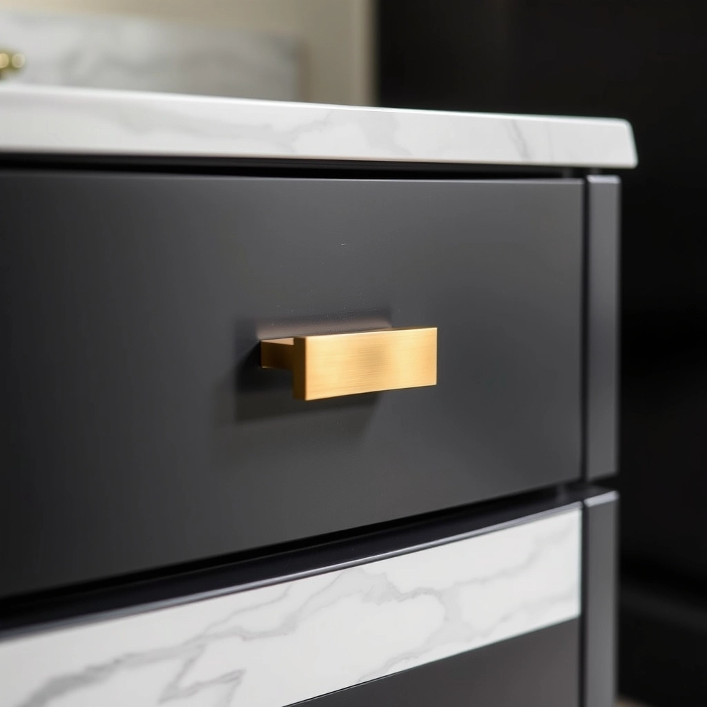 A black bathroom vanity featuring brushed gold handles and a white marble countertop with an undermount sink.