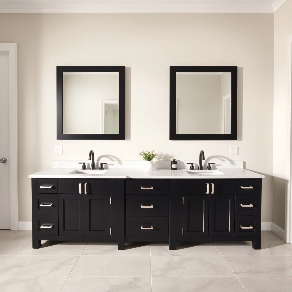 A 72-inch double sink black vanity with two faucets and a large countertop.