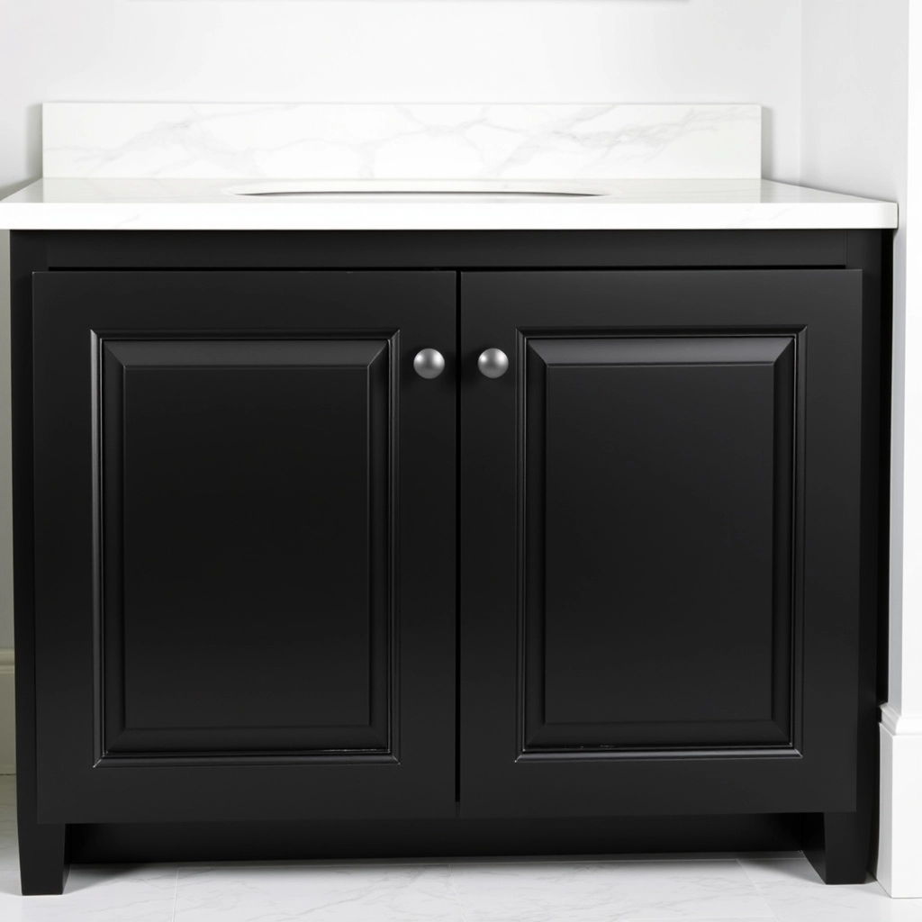 A black shaker style vanity cabinet paired with a thick white marble countertop and sink.