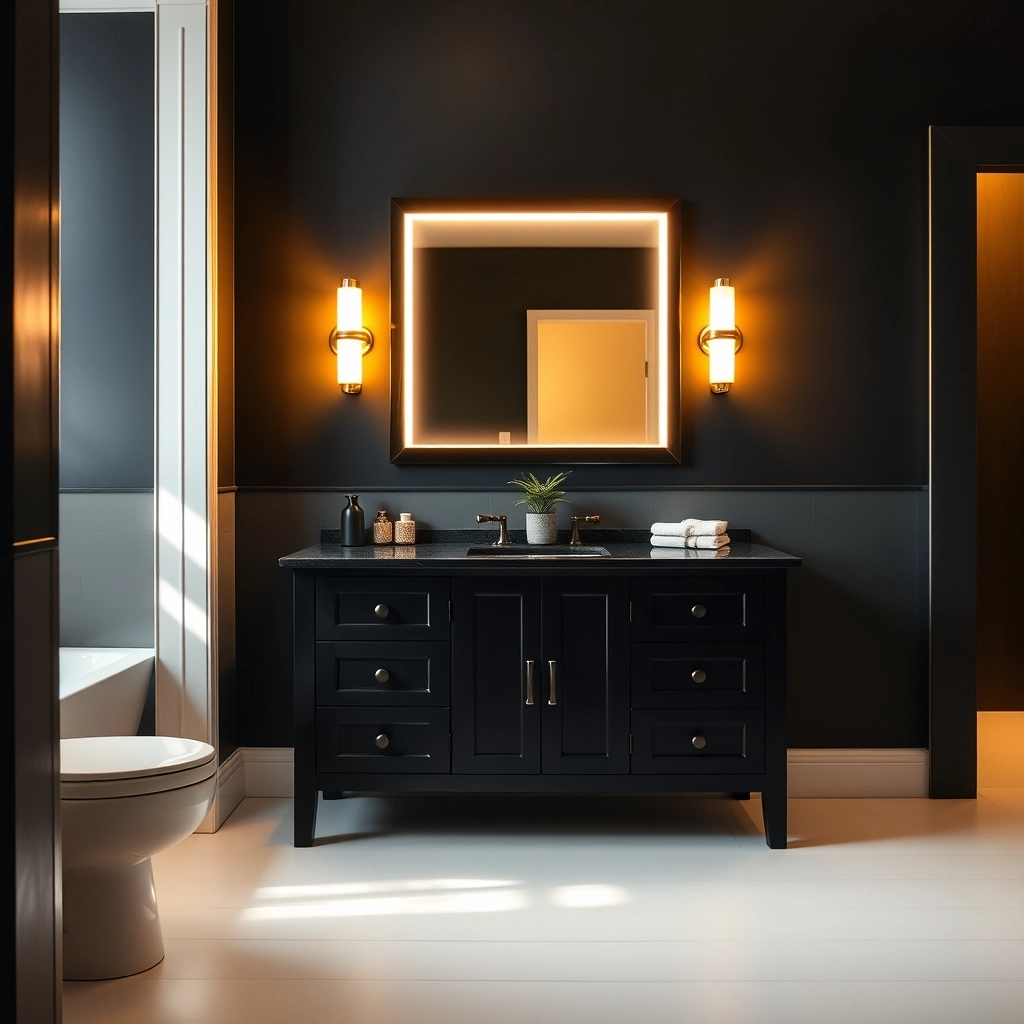 A black vanity in a bathroom with bright side sconces and a backlit mirror to improve visibility.