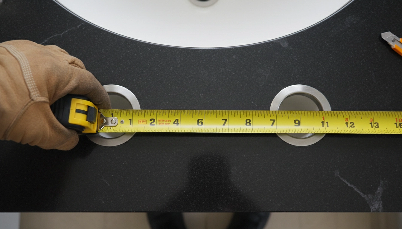 A person using a tape measure to check the faucet hole spread on a black vanity countertop.