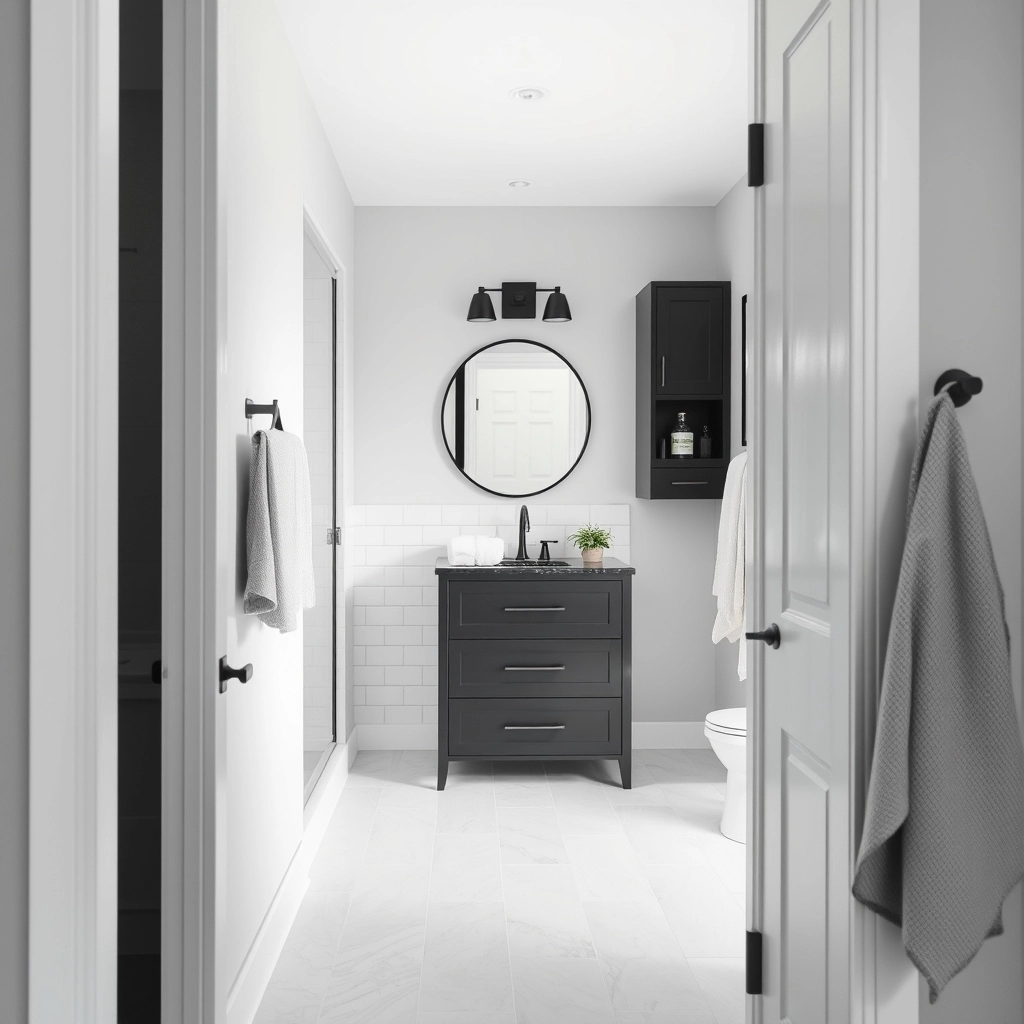 A fully remodeled modern bathroom featuring a black vanity with sink as the central design element.