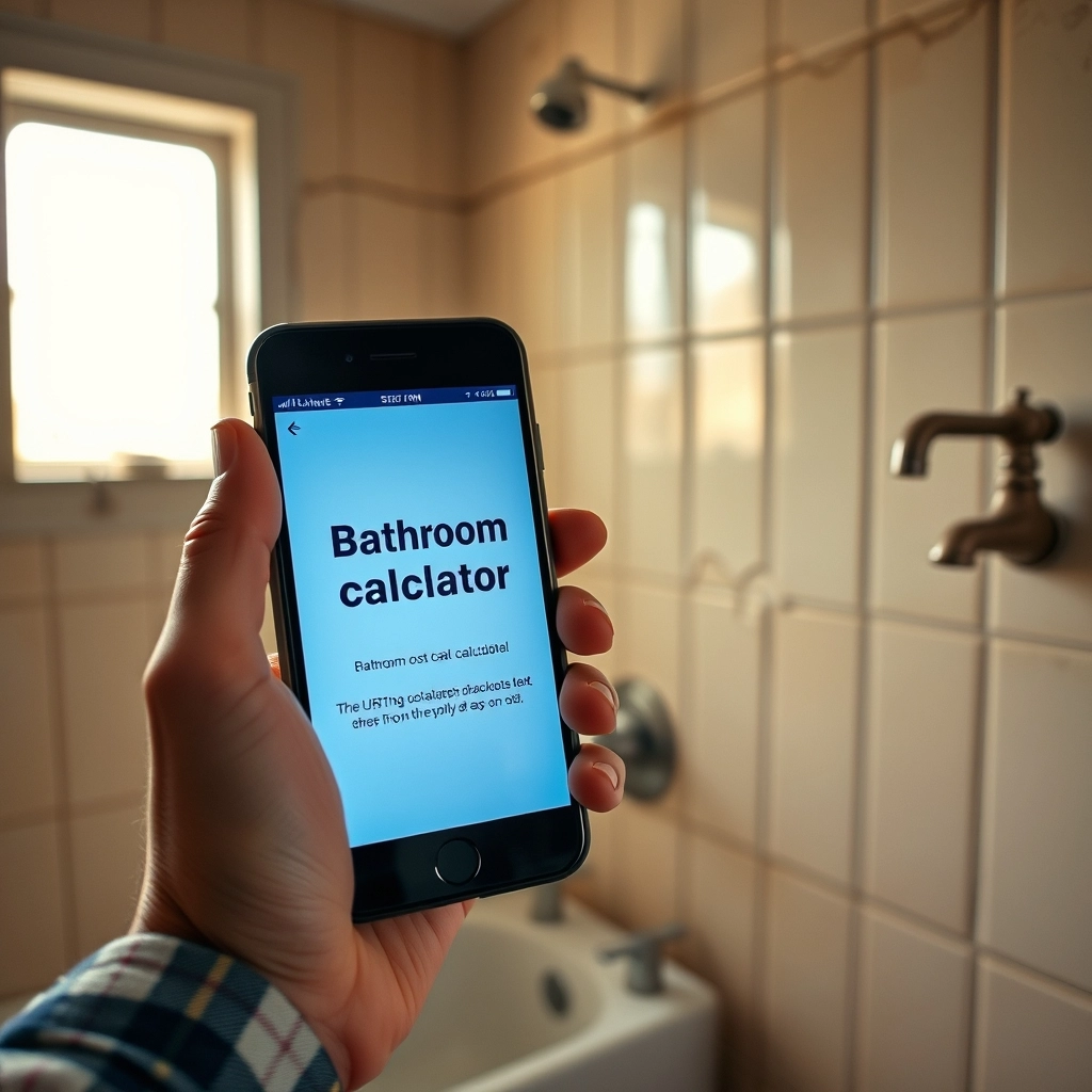 A person holding a phone with a cost of bathroom renovations calculator app open while standing in an old bathroom with cracked tiles.