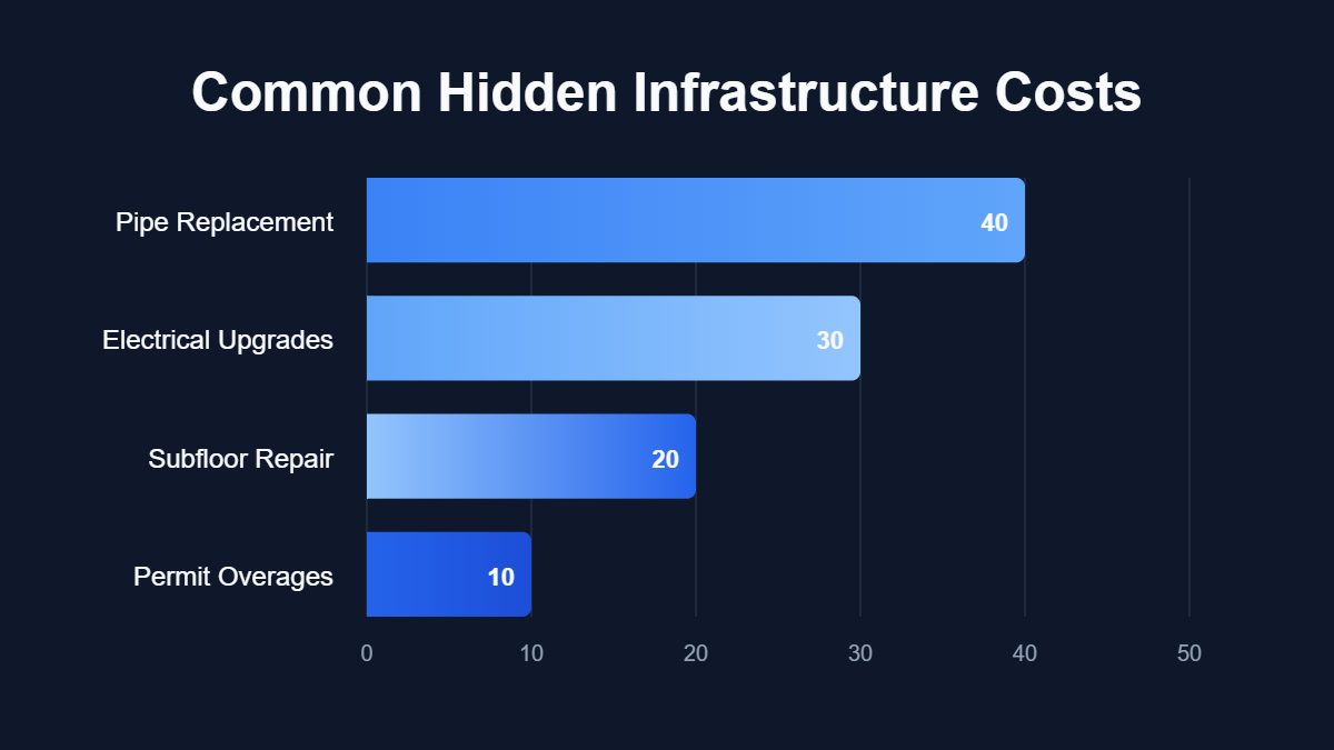 A pie chart titled "Common Hidden Infrastructure Costs" showing data for Pipe Replacement, Electrical Upgrades, Subfloor Repair, Permit Overages.