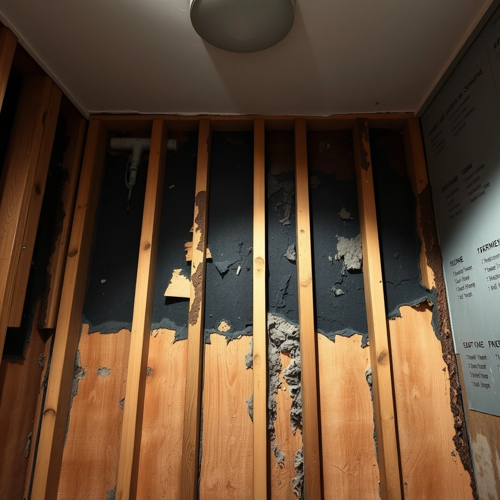 Exposed wooden wall studs showing dark rot and mold behind a partially demolished shower wall.