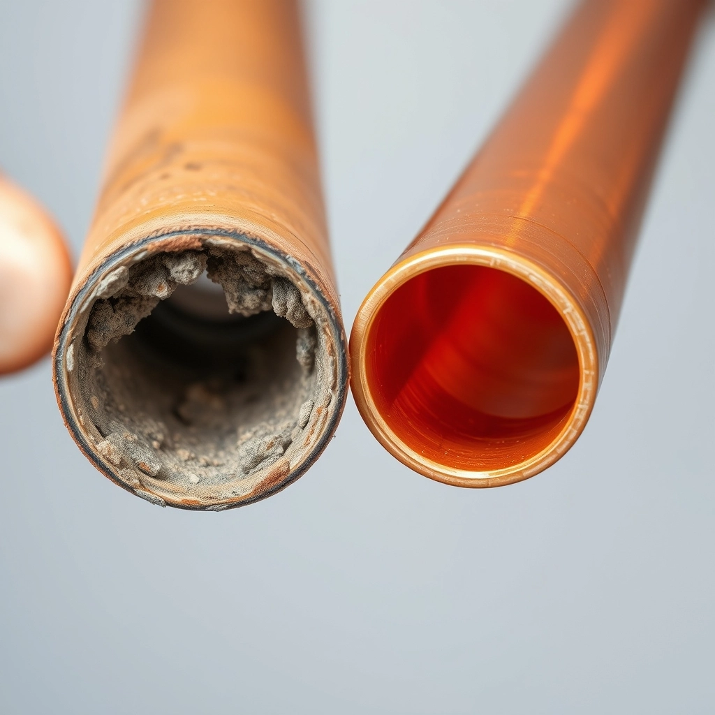 A cross-section of an old, clogged galvanized pipe next to a clean new plumbing line.