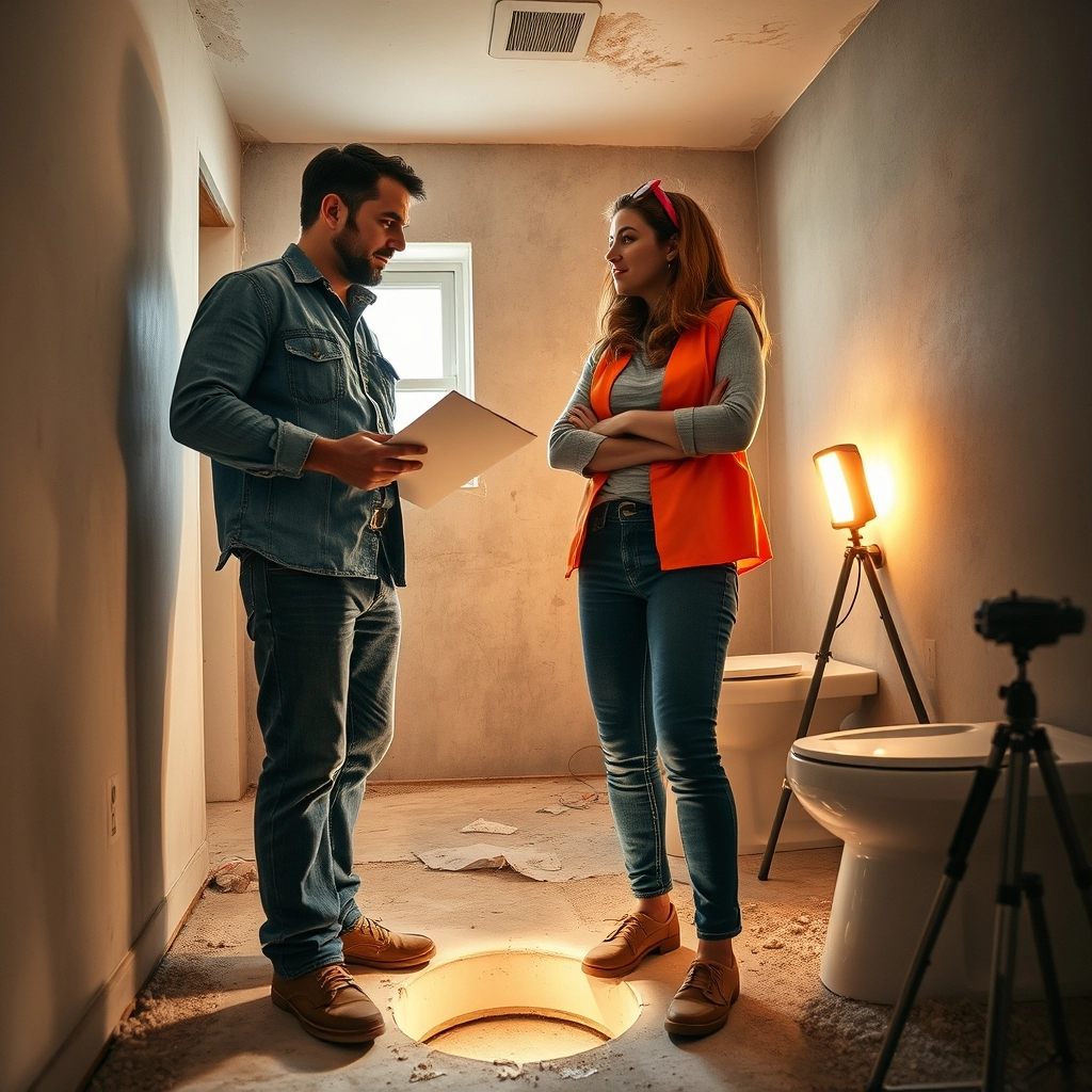 A contractor in work clothes pointing out structural issues to a homeowner holding a printed online estimate.