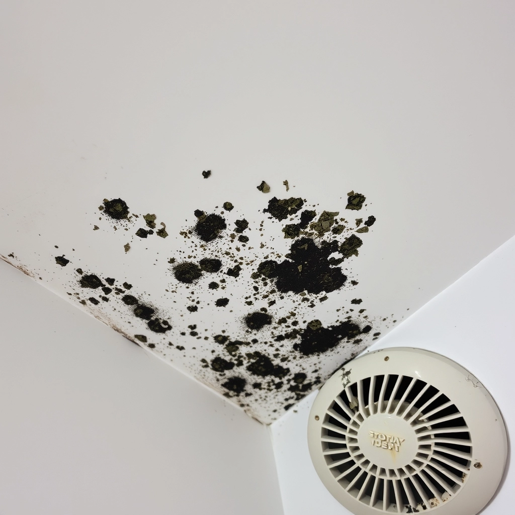 Black mold spots spreading across a bathroom ceiling near an old, dusty exhaust fan.