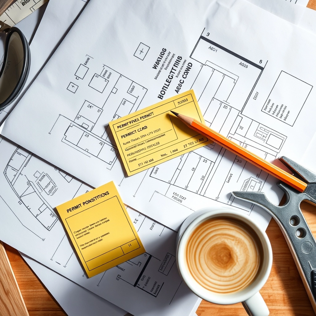 Official building permit documents and rolled-up blueprints sitting on a dusty construction table.