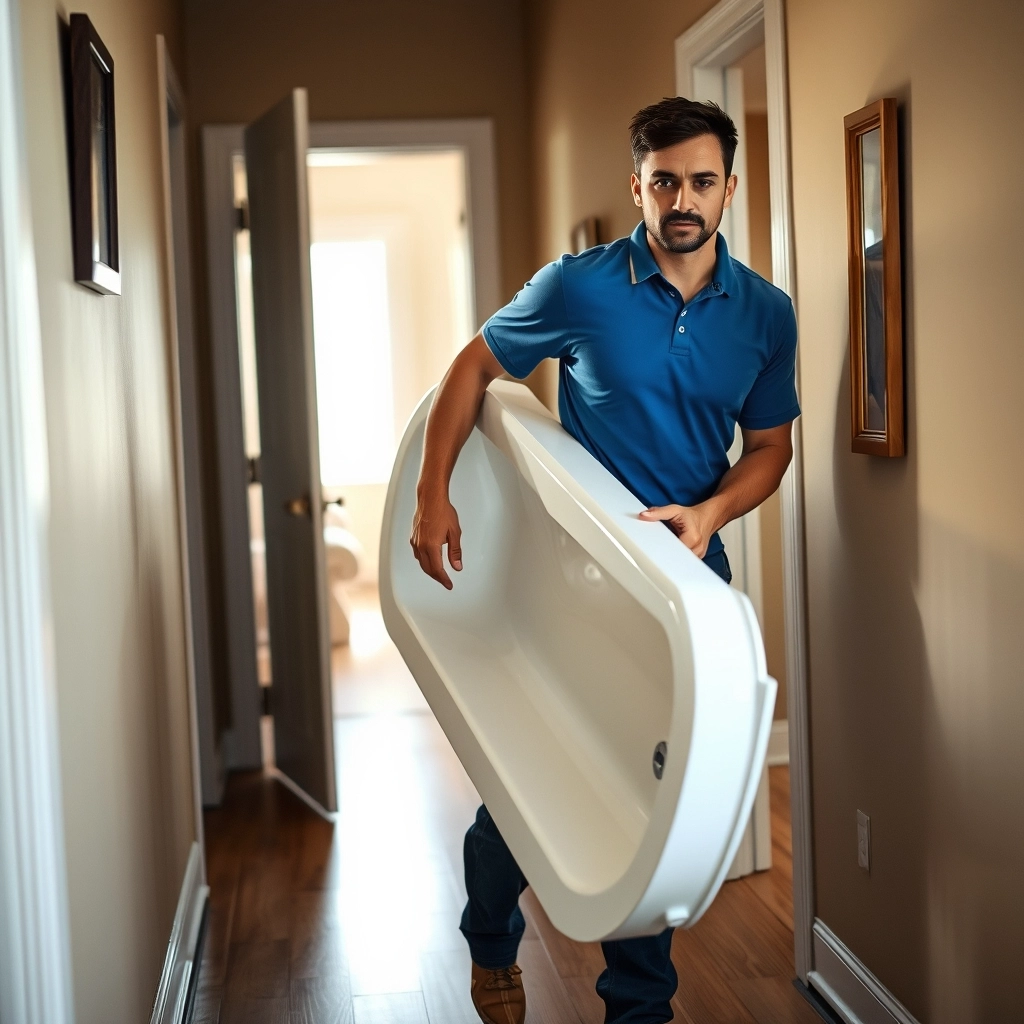 A bathroom renovation professional carrying a large white acrylic bathtub liner into a residential home.