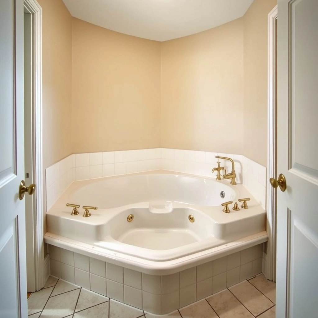 A large, oversized 1990s style corner garden bathtub that impacts how much does bath fitter cost.