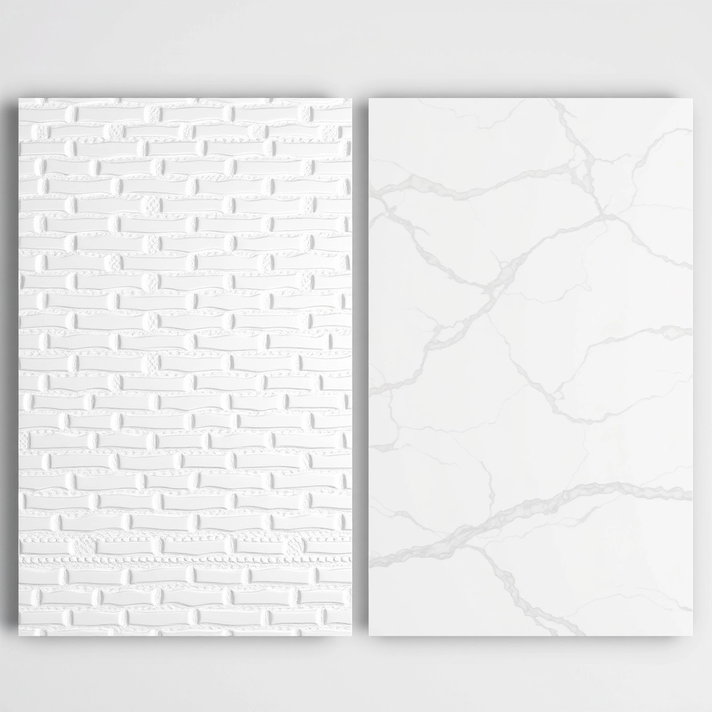 Close-up samples of white subway tile pattern and grey faux marble acrylic wall panels.