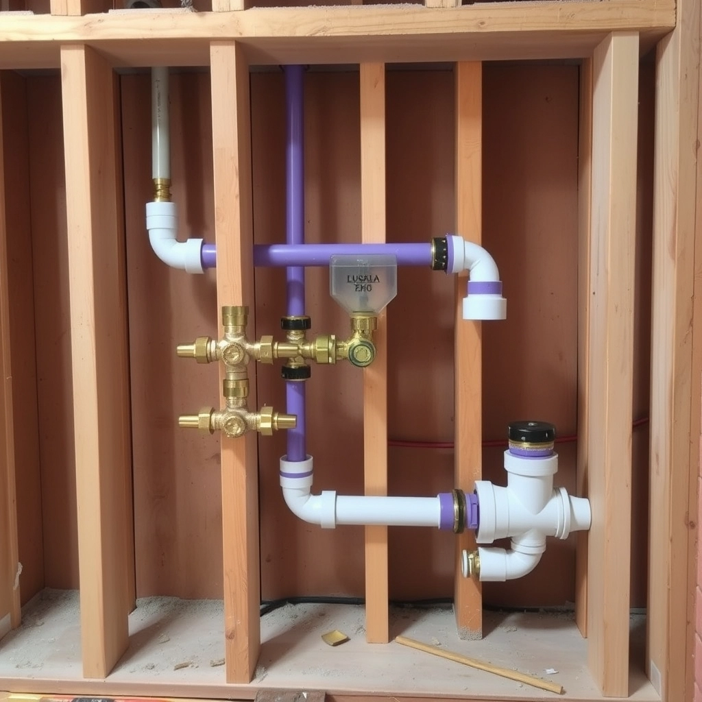 New copper plumbing lines and a shower drain installation in an open bathroom wall.