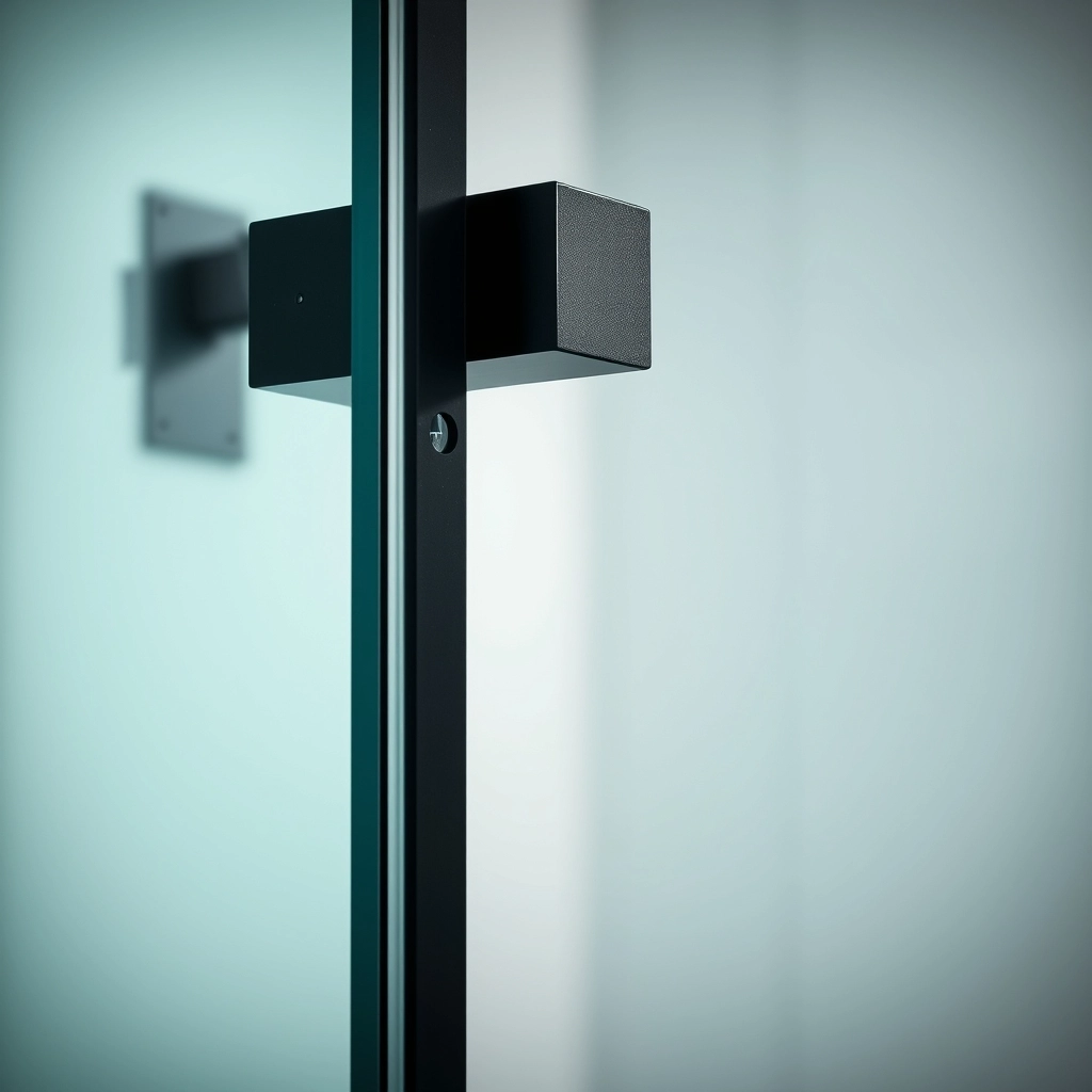 Modern matte black sliding glass shower door handle and track on a new bathroom installation.