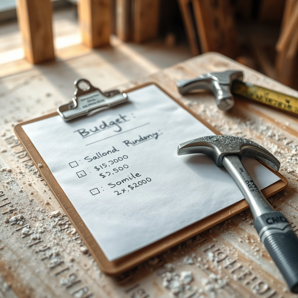 A clipboard with a budget sheet laying on a dusty workbench next to a hammer and tape measure during a master bathroom remodel.