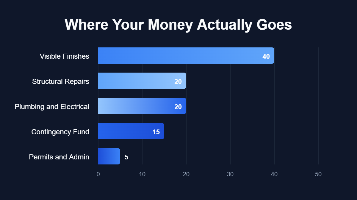 A pie chart titled "Where Your Money Actually Goes" showing data for Visible Finishes, Structural Repairs, Plumbing and Electrical, Contingency Fund, Permits and Admin.