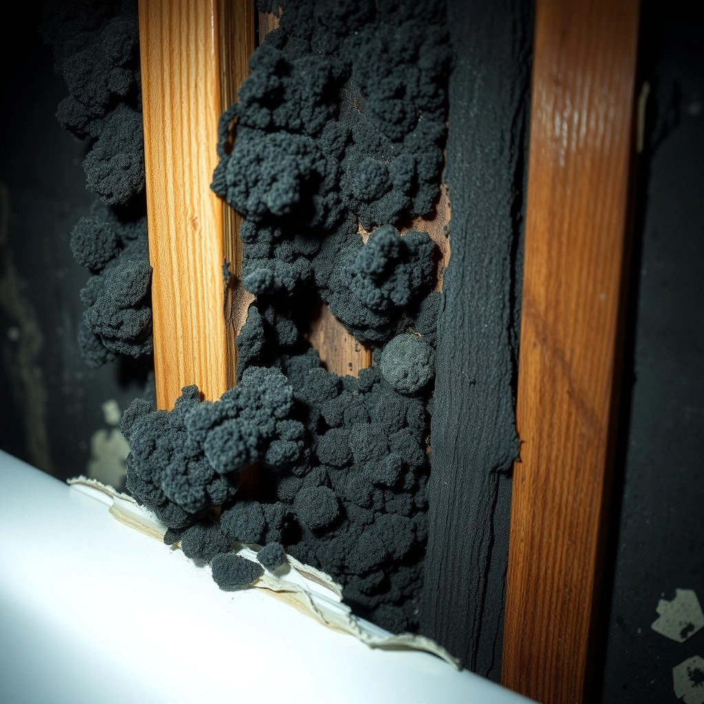 Black mold and water stains on wooden wall studs revealed behind removed bathroom tiles.