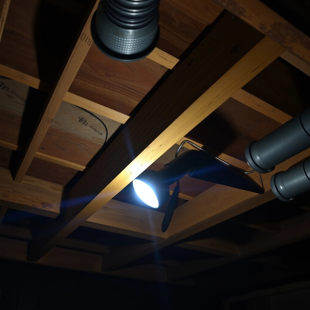 New wooden joists being "sistered" or reinforced under a master bathroom floor to support a heavy soaking tub.