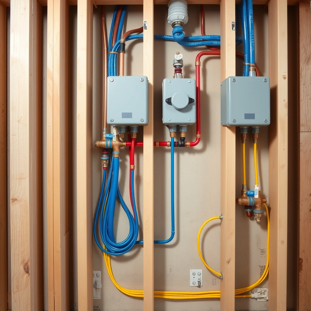 A wall frame filled with new copper pipes and yellow electrical wiring for a master bathroom upgrade.