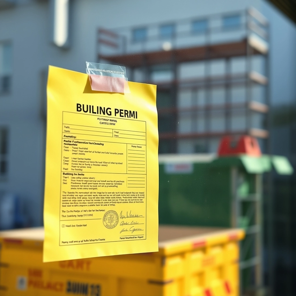 An official building permit document taped to a window at a residential construction site.