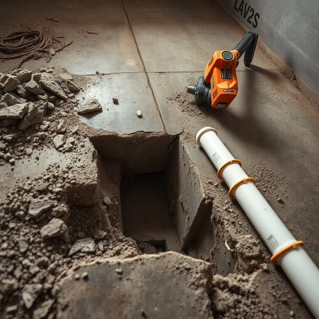 A concrete bathroom floor with a large trench cut out to relocate plumbing lines for a toilet.