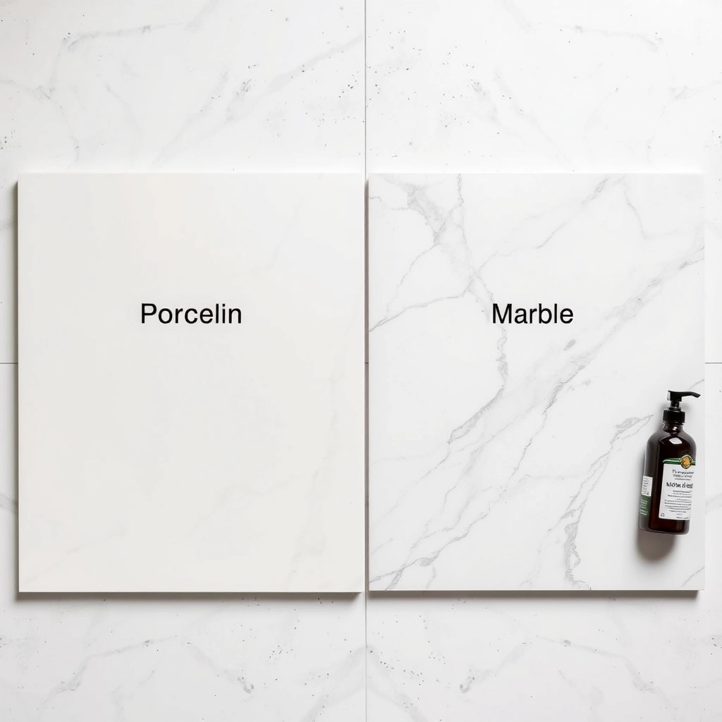 A side-by-side comparison of a durable porcelain tile sample and a luxury natural marble slab.