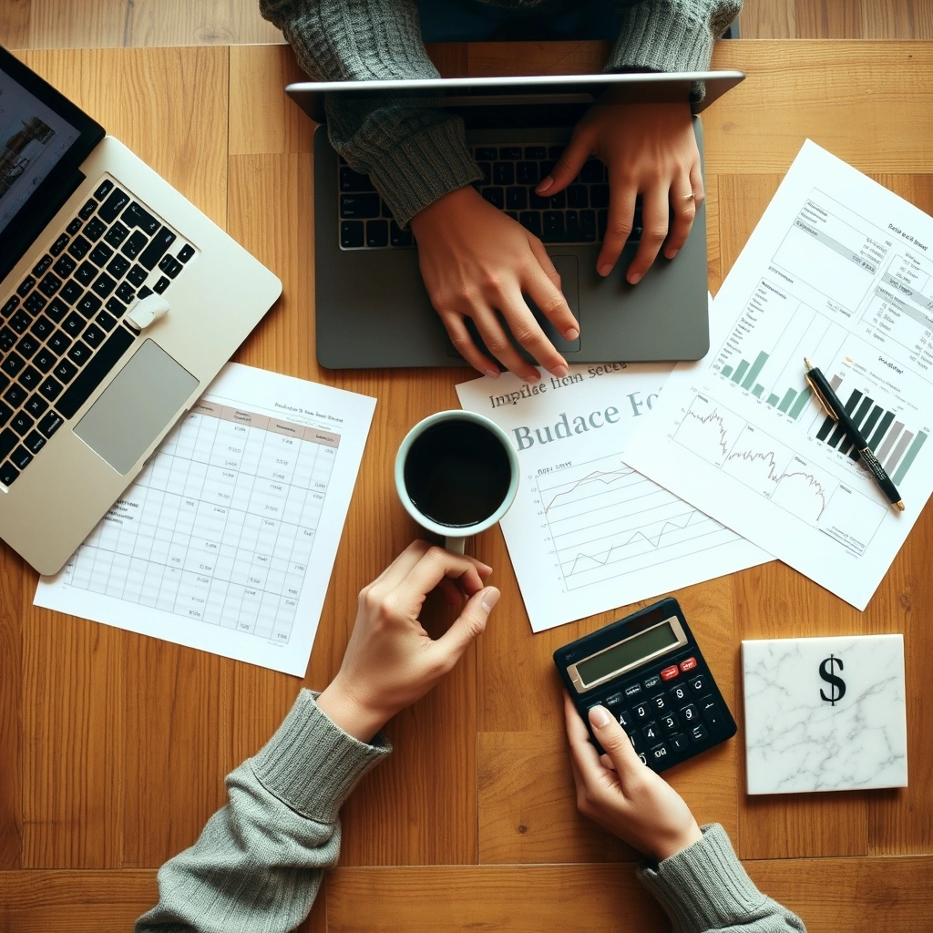 A person's hand holding a pen over a final budget spreadsheet next to a cup of coffee and bathroom material swatches.