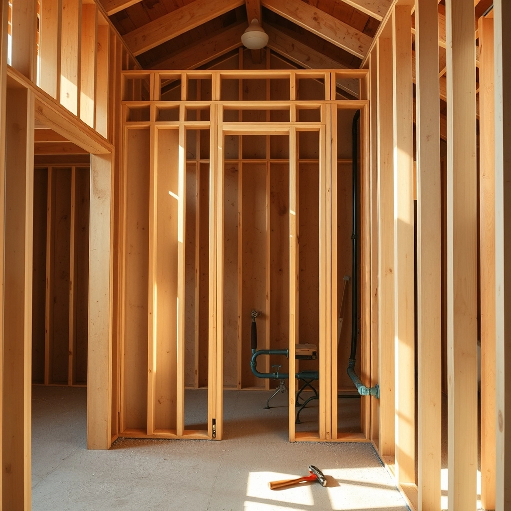 Interior framing of a master suite addition showing the separate areas for the bedroom and the master bathroom.