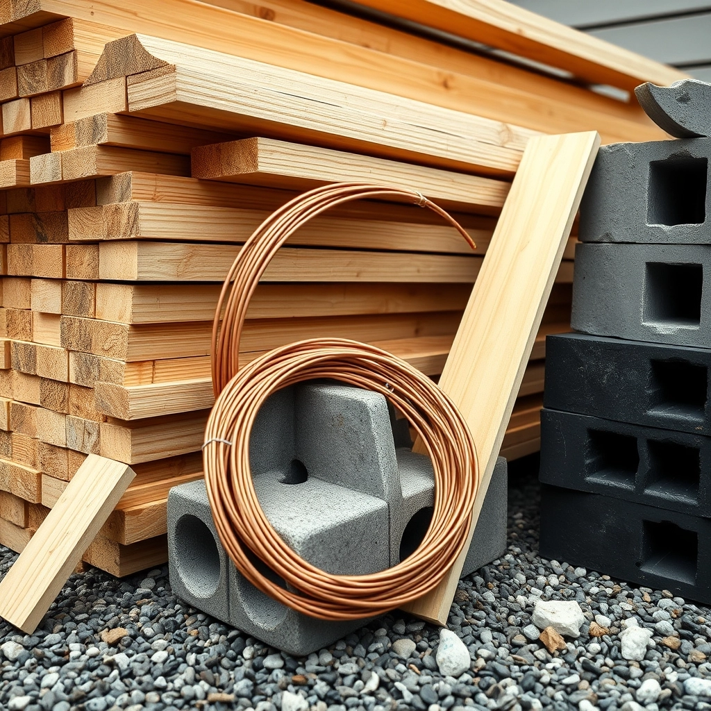 Stacks of construction lumber and rolls of copper wire used to calculate the master suite addition cost.