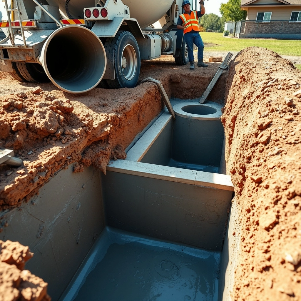 Construction workers pouring a concrete slab foundation for a new master suite addition.