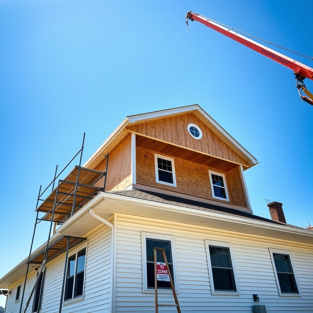 Scaffolding surrounding a house during the construction of a second-story master suite addition.