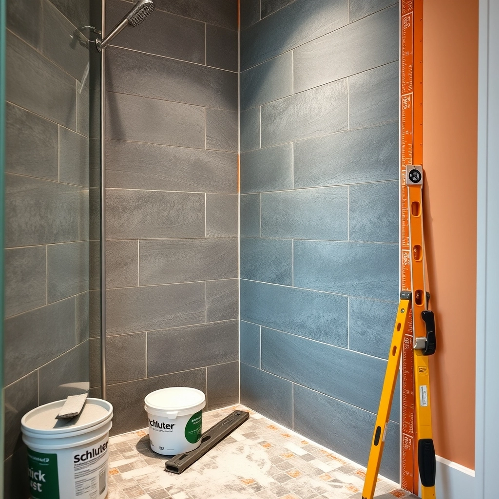 A tile setter installing large format tiles in a modern master bathroom suite.