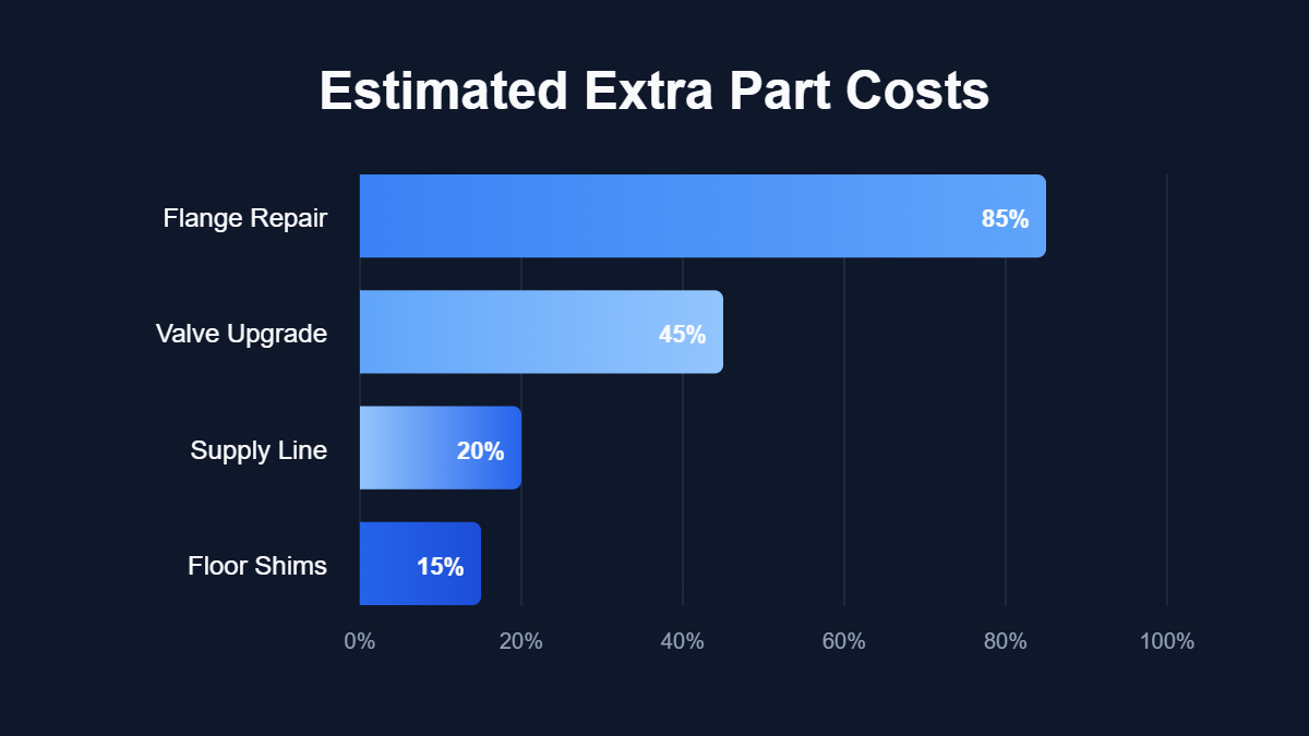 A bar chart titled "Estimated Extra Part Costs" showing data for Flange Repair, Valve Upgrade, Supply Line, Floor Shims.