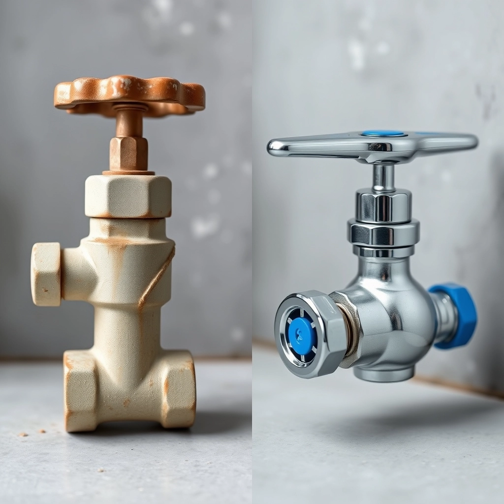 Comparison of a corroded old water shutoff valve and a new quarter-turn ball valve for toilet installation.