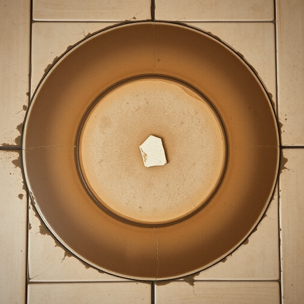 Discoloration and grout lines left on a bathroom floor after a toilet removal, impacting the total toilet installation cost.