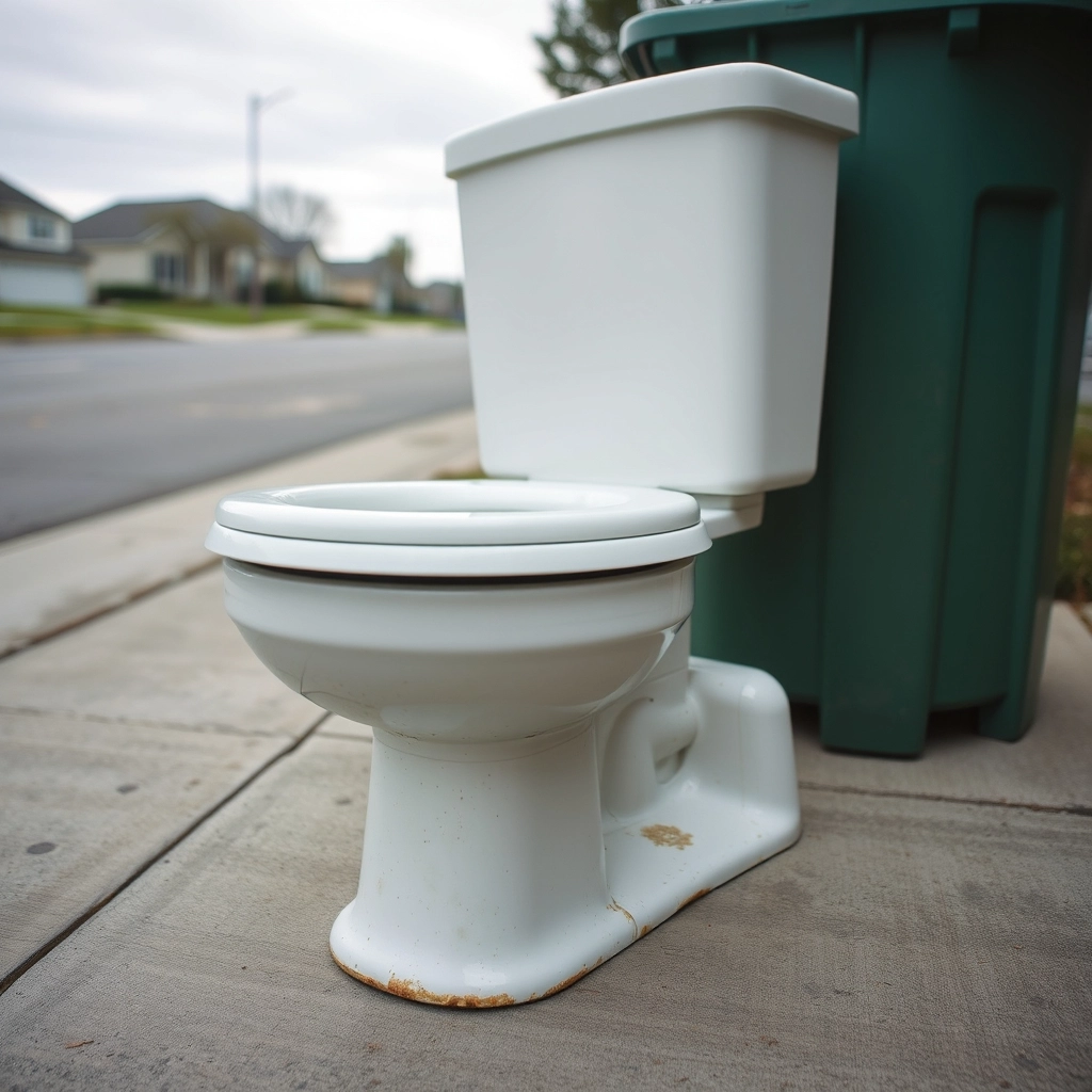 An old porcelain toilet sitting on a sidewalk waiting for disposal, a common hidden toilet installation cost.