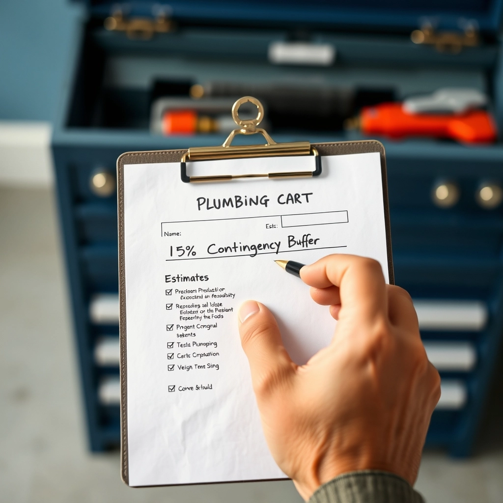 A person's hand pointing to a 15 percent buffer on a plumbing estimate for toilet installation cost.